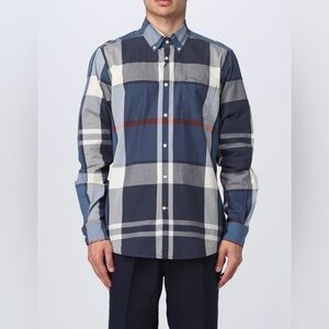 Barbour Blue Dunoon Tailored Fit  White Plaid Button Down Shirt